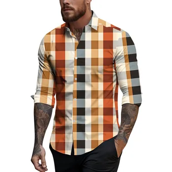 Erkek İlkbahar Yaz Rahat Ekose Baskı Yaka uzun Kollu erkek gömleği erkek üst giyim erkekler için erkek lüks tişört 2024