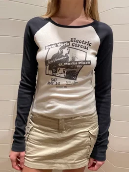 Retro Kaya Grafik İnce T-shirt Kadın Sonbahar Siyah Patchwork pamuklu uzun kollu tişört T Shirt Vintage Klasik Baskı Y2k Tops 2023