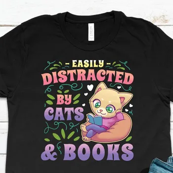 Dikkat dağıtıcı Kitaplar Ve Kediler Kedi Aşk Şık Giyim Kedi Sevgilisi T Shirt Ebeveynler Ter
