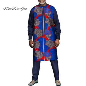 Afrika Bazin Riche Tasarım Elbise Erkekler için Moda Afrika Giysi pamuklu uzun kollu tişört Tee Tops Bluz Robe elbise WYN1556