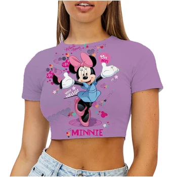 Disney Yk2 Yuvarlak Boyun Japon Y2k Tarzı Mickey kadın büzgü T Shirt Y2k Üstleri Seksi Kısa Üst T-shirt Minnie Mouse Harajuku Kpop