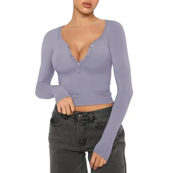 Seksi İnce sağlıklı tişört Kadın V Boyun Düşük Kesim Düğmesi Siyah Üst Streetwear Casual kadın bluzları Tees Şık Düz Renk Üst 2024