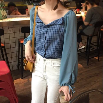 Yeni Koreli kadın ekose bluz fener kollu V yaka
