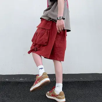 Amerikan Yaz Kırmızı Erkek Şort Vintage Trend Çok Cep Gevşek pantolon Çok Yönlü Rahat İş Pantolonu streetwear pantolon
