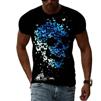 Yaz Eğlence Sanat Kafatası Desen erkek tişört Hip Hop 3D Baskı Kişilik Komik Tees Yuvarlak Boyun Kısa Kollu Üstleri