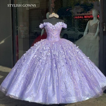 Büyüleyici Leylak Mor Sevgiliye Quinceanera Elbiseler Kapalı Omuz Balo Elbise Aplikler Tatlı 16 Vestidos De 15 Anos