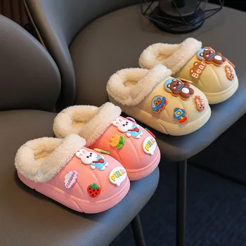 Yeni Stil Çıkarılabilir Çocuk Ev Ayakkabıları Kaşmir pamuk terlikler Erkek Bebek sıcak ayakkabı Kız Terlik Karikatür Pamuk dolgulu ayakkabılar