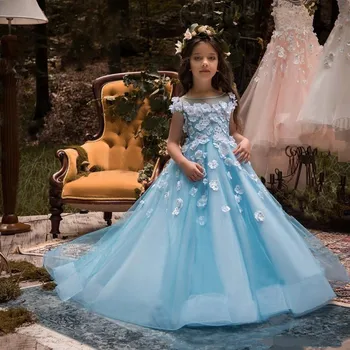 Çiçek Kız Elbise Düğün için Ekip Boyun Dantel Gökyüzü Prenses Çocuklar Zarif Akşam Parti İlk Communion El Yapımı Kabarık Balo