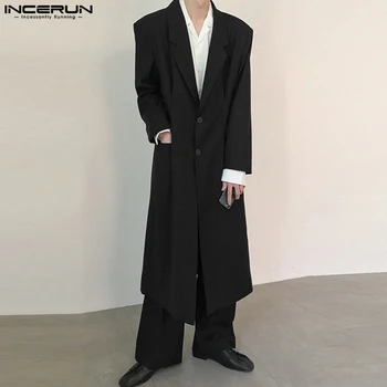 INCERUN Üstleri 2023 Kore Tarzı Yeni Erkek Yan Pilili Uzun tarzı Tasarım Blazer Casual Sıcak Satış Katı Uzun Kollu Takım Elbise Mont S-5XL