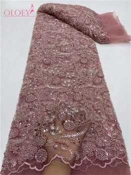 Moda Fransız Örgü Çiçek Nakış Boncuklu Dantel payetli kumaş Afrika Nijeryalı Kumaş düğün elbisesi