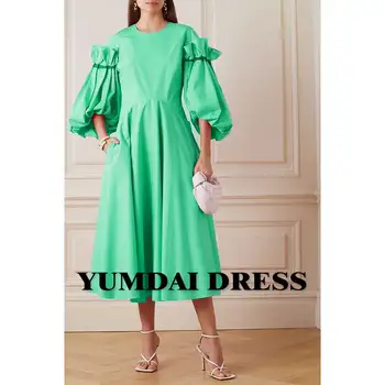 YUMDAI Parlak Saten Puf Kollu gece elbisesi Yuvarlak Boyun A-Line Elbise Kızlar 15 Yaşında Töreni Yeşil Elbise Gelin Nedime Elbisesi