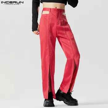 INCERUN 2023 Amerikan Tarzı Pantolon Erkek Bel İçi Boş Çizgi Tasarım Pantolon Casual Streetwear Bölünmüş Hem Yüksek belli Pantolon S-5XL