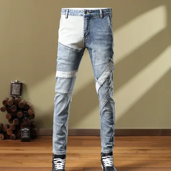 Sonbahar Mavi Beyaz Kontrast Renk Dikiş Tasarım Slim Fit Sıkı Jean Hip Hop Tarzı Pantolon Erkekler İçin Pantalon Vaquero Hombre