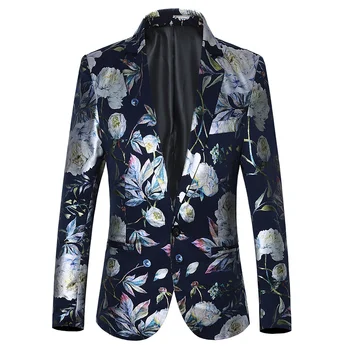 Artı Boyutu 6XL-M Yüksek Kaliteli Erkek Çiçek Blazer 2024 Yeni Donanma Siyah Beyaz Baskılı Slim Fit Takım Elbise Ceketler Marka Parti Balo Kıyafetleri