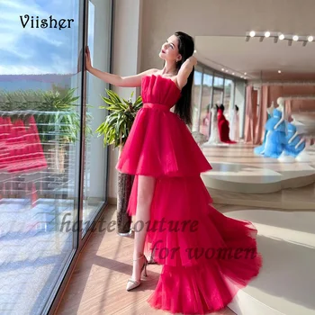 Viisher Kırmızı Yüksek Düşük balo kıyafetleri Pleats Katmanlı Tül Bir Çizgi Pageant Parti Elbise Tren Uzun Abiye giyim Lace Up Geri