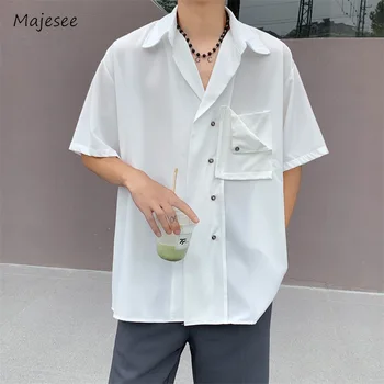 Tam Kollu Gömlek Erkekler Gelişmiş Yakışıklı Katı Kore Tarzı Yama Cep Şık Bahar Sonbahar Gençler Yüksek Sokak Genç Günlük