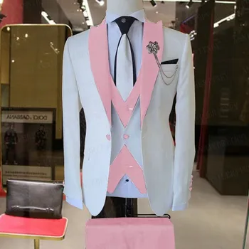 Moda Yeni Erkek Takım Elbise Butik Tek Düğme İş Ofis Düğün Ziyafet Erkek İnce Ceket Yelek Ve Pantolon 3 Parça Blazer Setleri