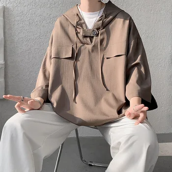 Erkek yumruk kısa kollu kazak yaz buz ince Kapşonlu T-shirt iş giysisi yedi çeyrek kollu