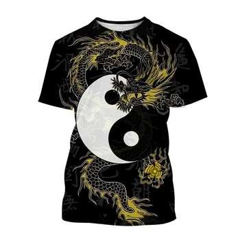 Yaz Moda Ejderha Baskı Unisex Sokak Serin Kısa Kollu Rahat Bagua Baskı erkek Tai Chi Yin Yang Koi 3D T-shirt
