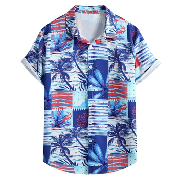 Erkek Tropikal Palmiye Ağacı Baskı Plaj Gömlek Yaz Kısa Kollu Düğme havai gömleği Erkekler Parti Tatil Tatil Giyim XXL