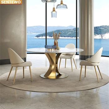Tasarımcı Lüks yuvarlak yemek Mermer Kaya Döşeme yemek masası seti 4 6 sandalye mesa posta mobilya meuble Paslanmaz çelik altın taban