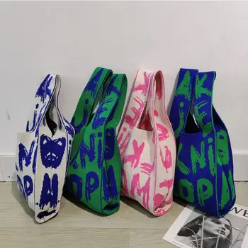 Dokuma omuz çantaları Sanatsal Harfler Desen Mavi Yeşil Pembe Moda 2022 Bahar Yeni Ins Tasarımcı Tüm Maç pamuklu çantalar