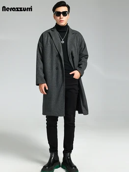 Nerazzurri Sonbahar Kış Gri Yumuşak Sıcak Yün Ceket Erkekler için Kruvaze Gevşek Rahat Kore Moda %2023 Yün ve karışımları ceket