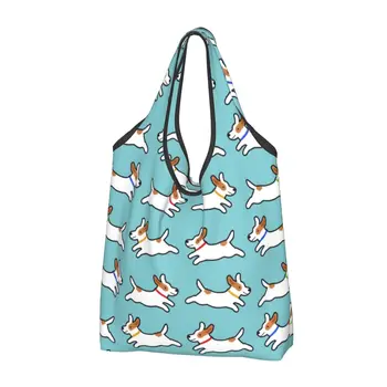 Kawaii Sevimli Jack Russell Terrier Koşu Köpek Alışveriş Bez Çantalar Taşınabilir Bakkaliye Omuz Shopper Çanta