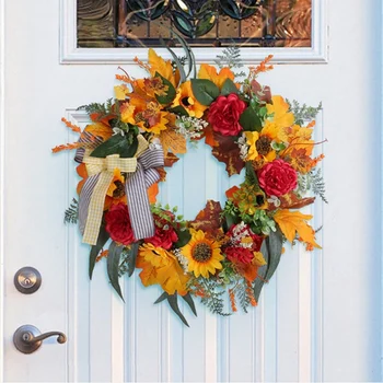 Ön Kapı için Sonbahar Çelenkleri, Ayçiçeği Sonbahar Çelengi, Balkabağı ve Çuval Bezi Fiyonkları, Çiftlik Evi için Kapalı Açık