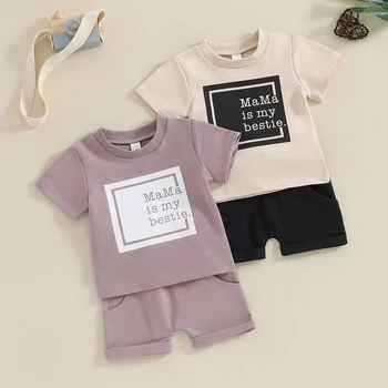 Yaz Bebek Erkek Giysileri Setleri Moda Pamuk Mektup Baskı T-Shirt + İpli Şort 2 adet Çocuklar Kıyafetler Bebek Eşofman
