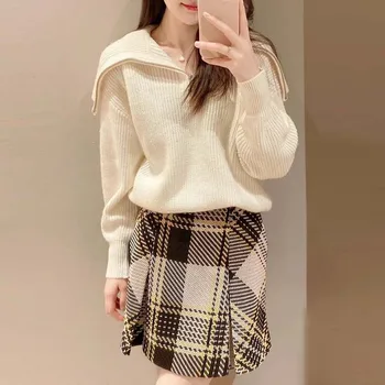 Kuzuwata Yüksek Bel İnce Kontrast Renk Ekose Mini Etek Kawaii Sonbahar Kış Japon Jupe Harajuku Faldas Mujer Moda 2023