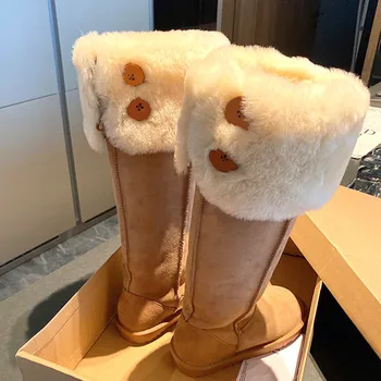Kaliteli koyun kürk tek parça kar botları deri ayakkabı Yüksek kürk çizmeler kadın diz yüksek çizmeler düz düşük sıcak pamuklu ayakkabılar