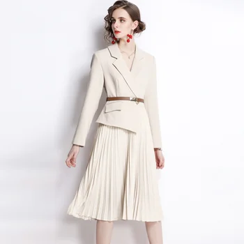 JAMERARY Katı Çentikli Blazer takım kıyafet Kadın Sonbahar Kış Uzun Kollu Pileli Midi Elbiseler Ofis Bayan Iş Elbisesi