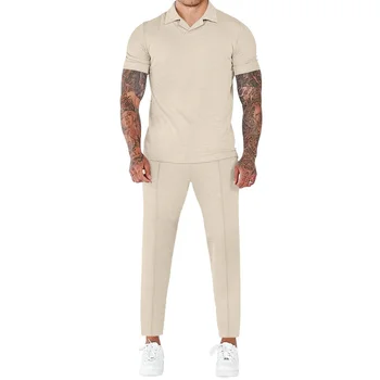 Yeni 2023 Yaz erkek Düz V Yaka Takım Elbise Kısa Kollu Rahat Ve Nefes Gömlek + Pantolon Spor Rahat Erkekler İki parçalı Set