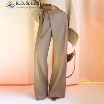 EDGLuLu Yüksek Bel Düzensiz Renk Eşleştirme Pantolon kadın Düz Bacak Pantolon Yaz 2023 Yeni Takım Elbise Geniş Bacak Pantolon + Kemer 0923