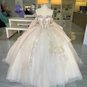 YANARDÖNER Şampanya Kapalı Omuz Pırıltılı Kristal Quinceanera Elbiseler Uzun Kollu Prenses Parti Törenlerinde Vestidos De 15 Anos