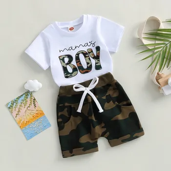 Yenidoğan Bebek Erkek Kısa Setleri yaz giysileri 2023 Kısa Kollu Harfler T-shirt Kamuflaj Şort Kıyafet Bebek Giyim