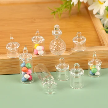 1: 12 Evcilik Minyatür Şeffaf Cam Kavanoz Şeker Fasulye depolama şişesi Küçük Kavanoz Kapaklı mutfak dekoru Oyuncak Bebek Evi Aksesuarları