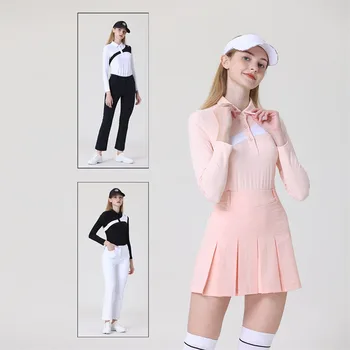 Azureway Sonbahar Kadınlar Uzun Kollu Golf Bluz Turn-aşağı Yaka İnce Üstleri Bayan Anti-ışık Golf Etekler Uzun Pantolon Giyim Takım Elbise