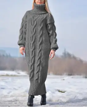 Kadın uzun kollu Balıkçı Yaka kazak elbiseler örgü düz renk uzun kollu yüksek boyun Gevşek kış elbise