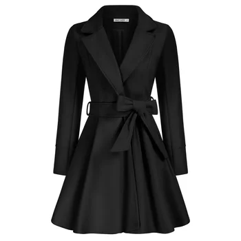 GK Kadın Faux Kürk Yaka Ceket Açık Ön Diz Üstü Palto Çentik Yaka Uzun Puf Kollu Bir Çizgi Bezelye Ceket İle Öz Kravat Kemer A30