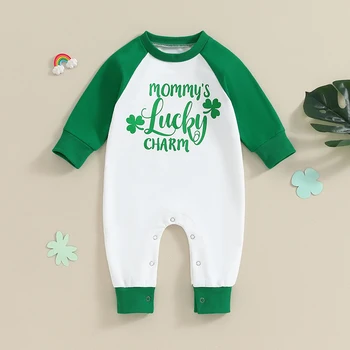 Bebek Erkek Kız St Patrick Günü Kıyafetler Romper Uzun Kollu Mektup Yonca Baskı Patchwork Tulum Bebek Tulum