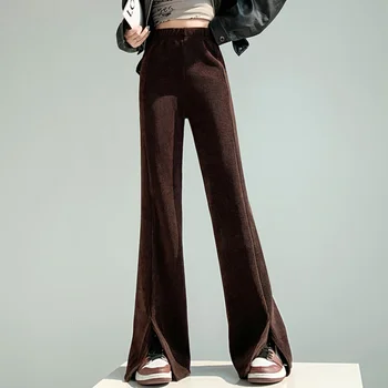 Yeni Sonbahar Kış Kadife Pantolon Kadın Moda Yüksek Bel Yarık Düz Pantolon Kore Tarzı Bayanlar Zarif Alevlendi Uzun Pantolon