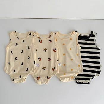 Yaz Erkek Bebek Romper Tek parça Düğme Çizgili Yenidoğan Bebek Kız Tulum Kolsuz Bebek Pamuk Bodysuits Kıyafetler Giysileri