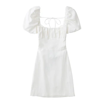 kadın beyaz moda keten karışımı elbise kadın kare boyun kısa puf kollu backless crossover sapanlar elbise kadın