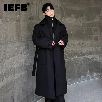 IEFB Kore Yeni Moda Erkek Yün Ceket Sahte İki parçalı Patchwork Fermuar erkek Diz Boyu Dış Giyim 2023 Kış Trend 9C3582