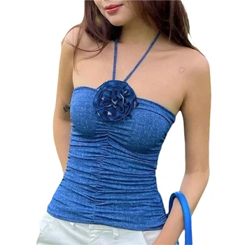 y2k Halter Üst 2000s Kadın Yaz Spagetti Kayışı Kolsuz Backless Kaşkorse 3D Çiçek Fairycore Yelek Casual Streetwear