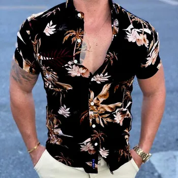 2023 Yaz Yeni Erkek Vintage Palmeiras Baskılı Gömlek Moda Rahat Lüks Gömlek Kısa Kollu Hawaii Gömlek Erkekler Blusas Camisa