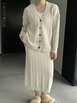 LANMREM Kadın Örme 2 Parça Set Rahat Tek Göğüslü Kazak Yüksek Bel Etek Düz Renk Moda 2023 Kış Yeni 2AA2815