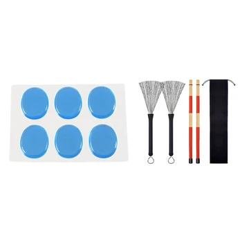 6X Trampet Dilsiz Ped Davul Damperi Jel Pedleri ( Mavi) ve 1 Çift Davul Fırçaları Geri Çekilebilir Tel Fırçalar Davul bagetler Fırça